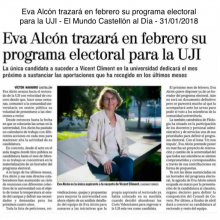 Eva Alcón trazará en febrero su programa electoral para la UJI (El Mundo, 31/01/2018)