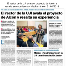El rector de la UJI avala el proyecto de Alcón y resalta su experiencia (Mediterráneo, 31/01/2018)